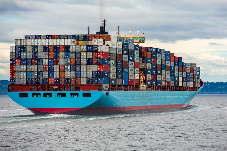 A container ship loaded with cargo at sea